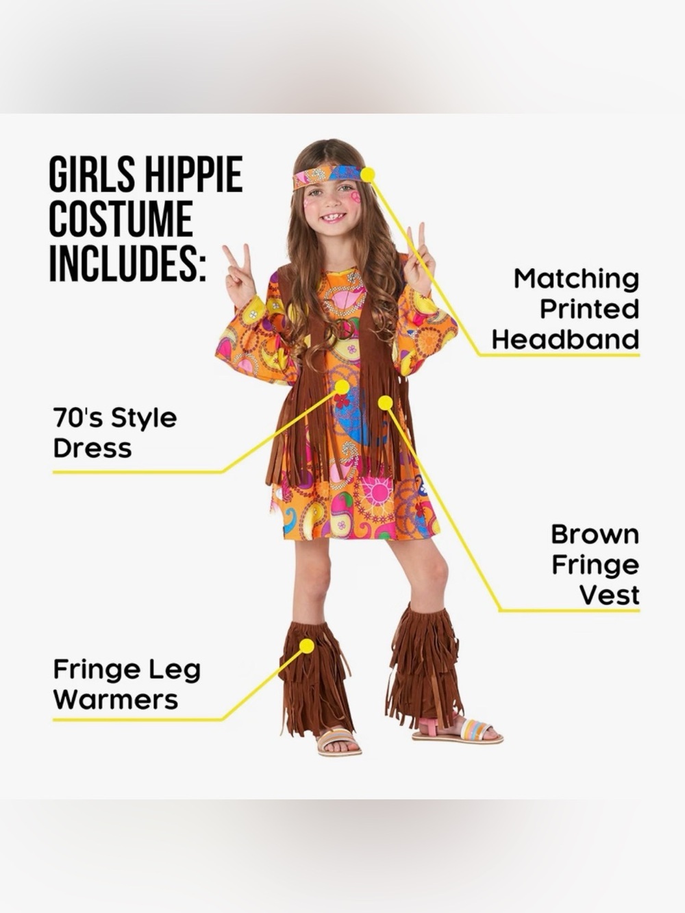 Hippie Costume for Girls, Halloween Costumes for Kids Groovy Printed Dress Small